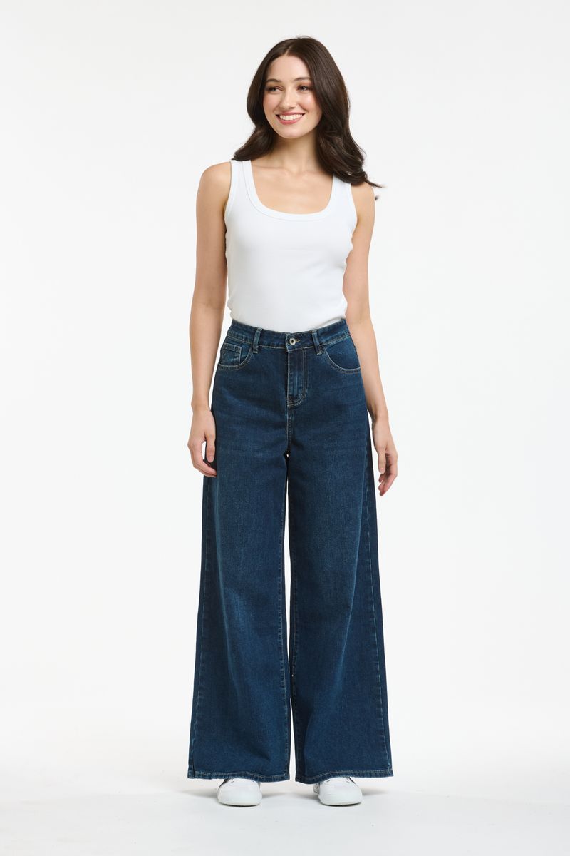 Mid-blue denim jeans with relaxed fit and tapered leg, featuring classic five-pocket styling