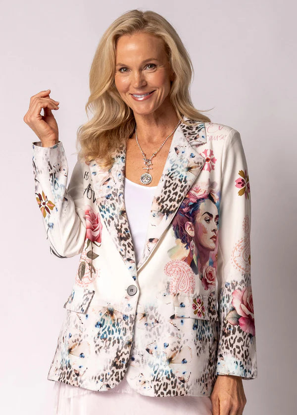 Aeris Jacket in Blush, featuring a tailored silhouette with full-length sleeves, striking animal print artwork on the front, and a vibrant scenic print on the back. Crafted from a soft polyfibre blend with a fully lined interior and faux front pockets for a polished, contemporary finish.