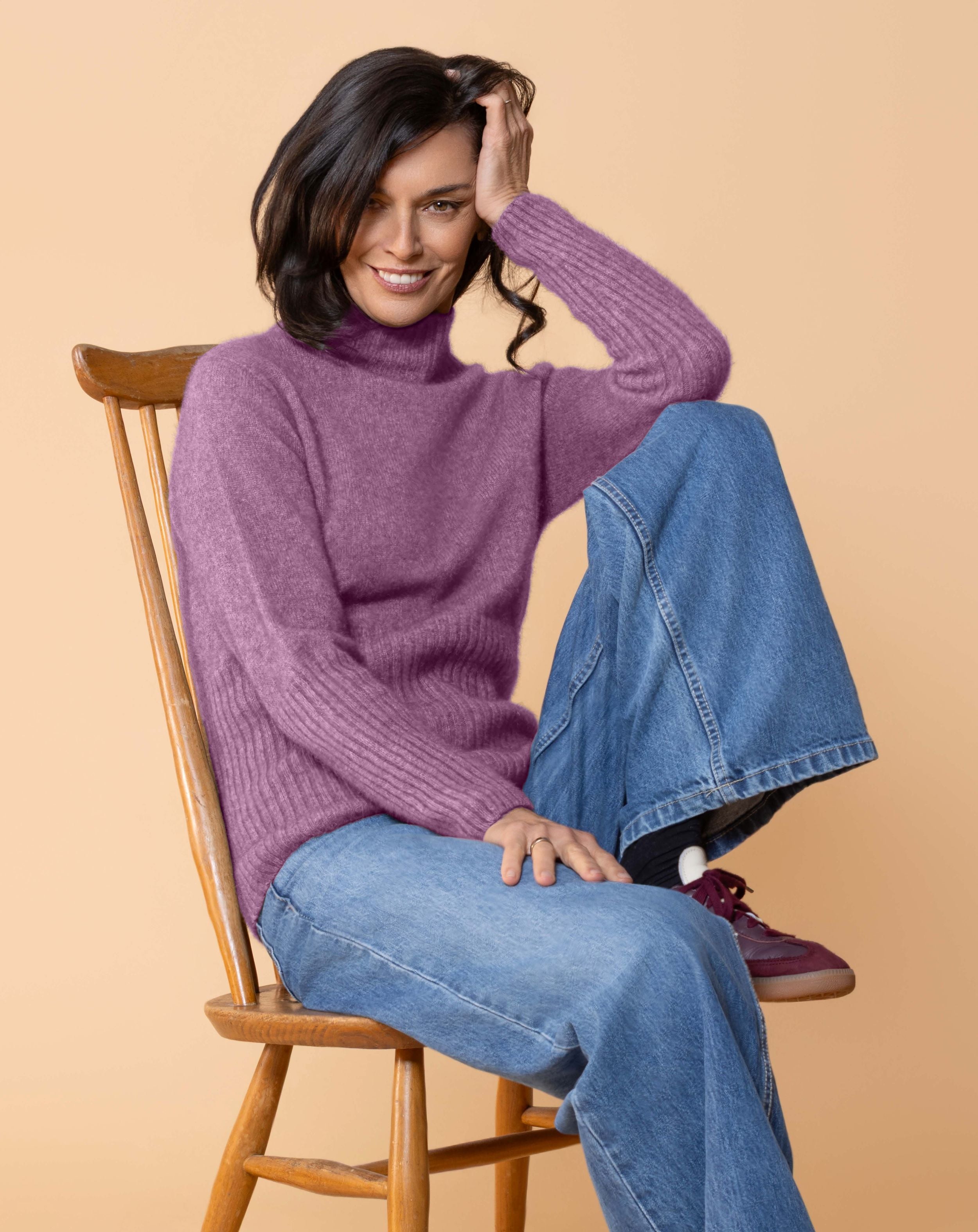 Ribbed turtle neck sweater in soft possum merino blend with fitted silhouette