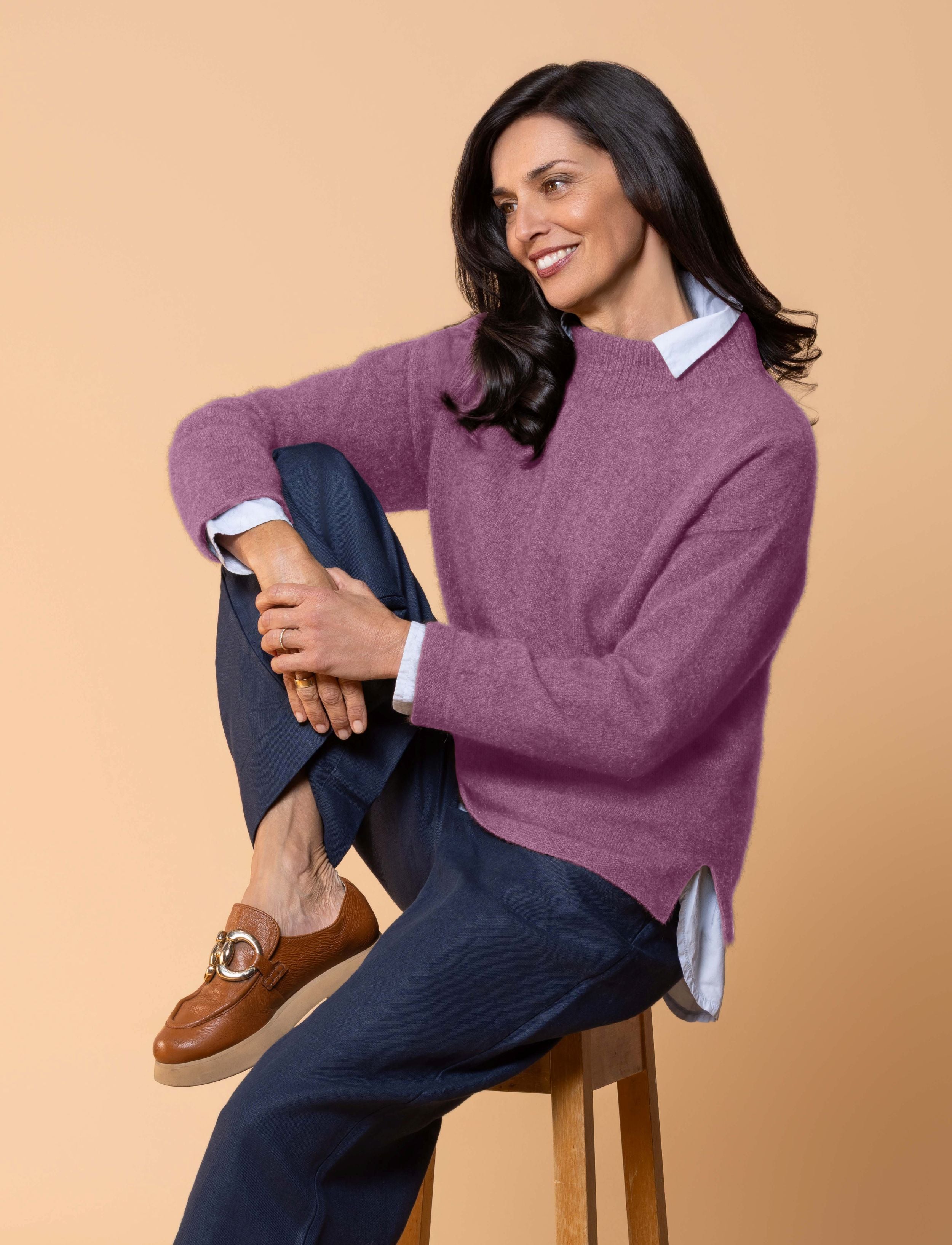 Classic crew sweater in possum merino blend with clean lines and soft texture