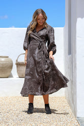 Chocolate leaf linen wrap dress with V neck, tie waist, midi length and balloon sleeves