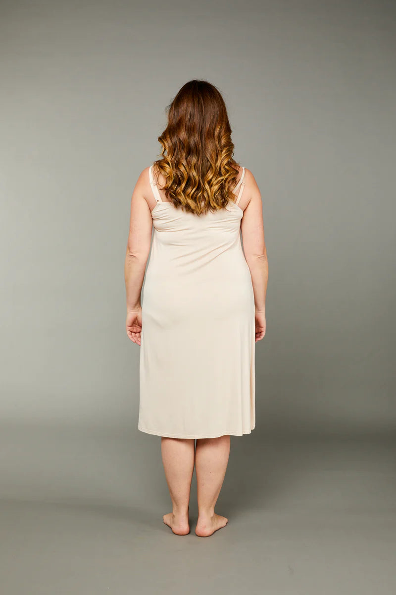 Sand/nude MicroModal long slip with V-neckline and adjustable straps, soft neutral tone