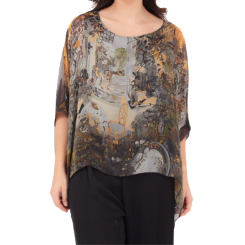Nero Italian silk top with a relaxed silhouette, soft flowing fabric, and elegant drape in a natural earthy tone.