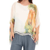 Vera May 100% Italian Silk top in Bianco white, relaxed square shape with drop shoulder and flowing sleeves.