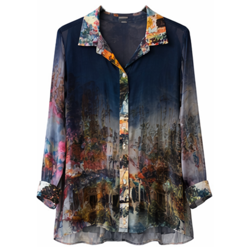 Vera May 100% Italian silk shirt in blue with an artistic print, classic collar and full-length button-through front.