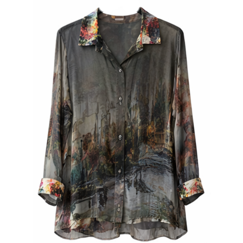 Vera May 100% Italian silk shirt in Grigio grey with an artistic print, classic collar and full-length button-through front.