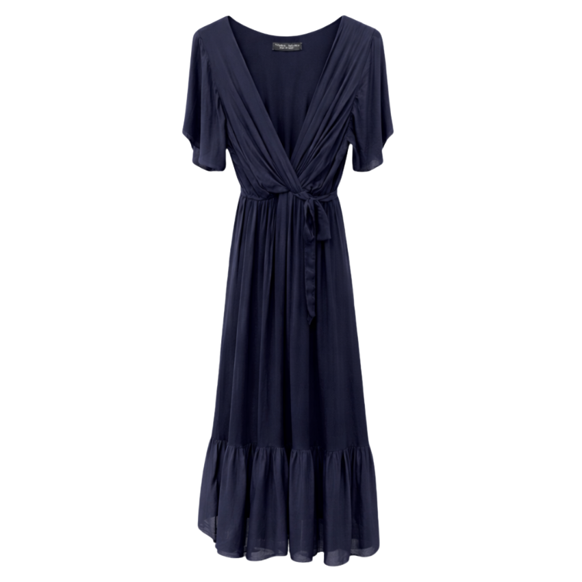 Vera May 6794 Italian silk dress in Marino, featuring a V neckline, tie waist, maxi-midi length and ruffle short sleeves.
