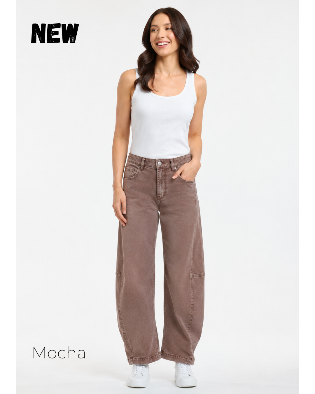 Italian Star Idaho barrel jeans in mocha, relaxed high-rise fit with curved barrel-leg silhouette and classic five-pocket styling.