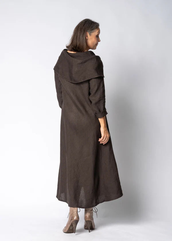 Chocolate brown linen dress with relaxed fit, flowing silhouette and breathable natural fabric