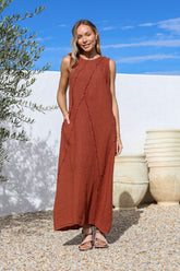 Coco linen full-length dress with cut-off sleeves, hidden side pockets and geometric texture