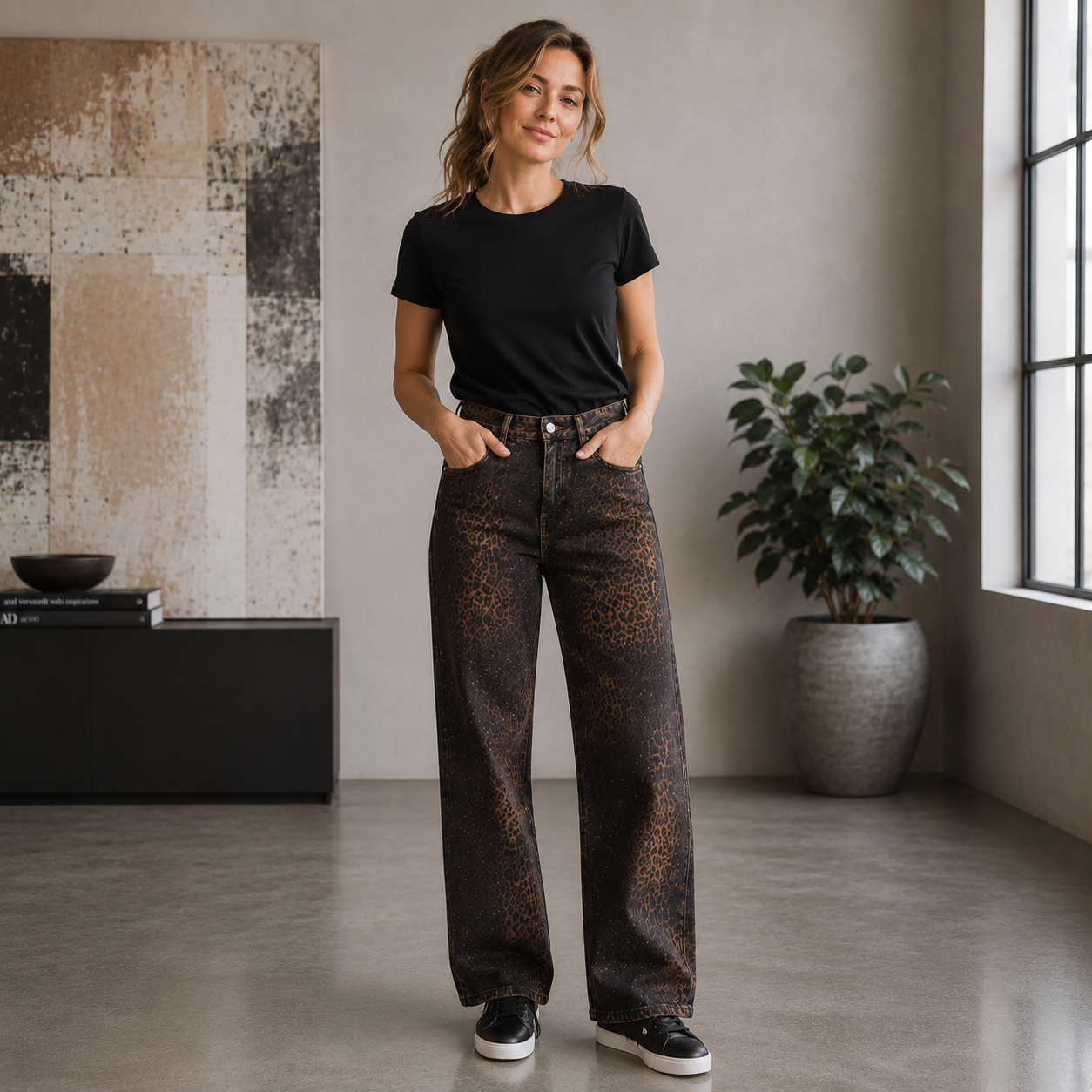Vera May Italian denim jeans in a black denim wash with subtle leopard print and diamanté embellishments on the front, featuring a high-rise waist and full-length wide-leg silhouette.