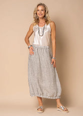 Granite grey linen cocoon skirt with white stripe detail, elasticated waistband and fully lined finish