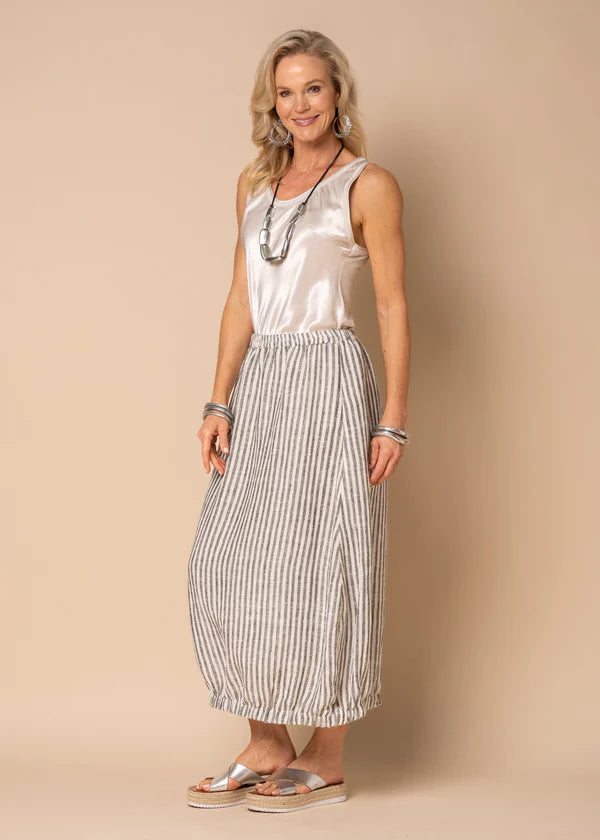 Granite grey linen cocoon skirt with white stripe detail, elasticated waistband and fully lined finish