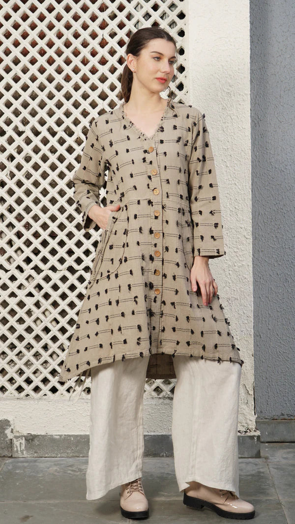 Cotton jacket with band collar, faux-wood buttons, fringe detailing and adjustable drawstring back