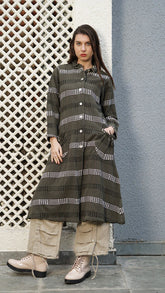 Khaki cotton longline jacket with collared neckline, button front, stitched detailing and relaxed fit