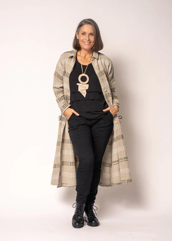 Latte cotton longline jacket with collared neckline, button front, stitched detailing and relaxed fit