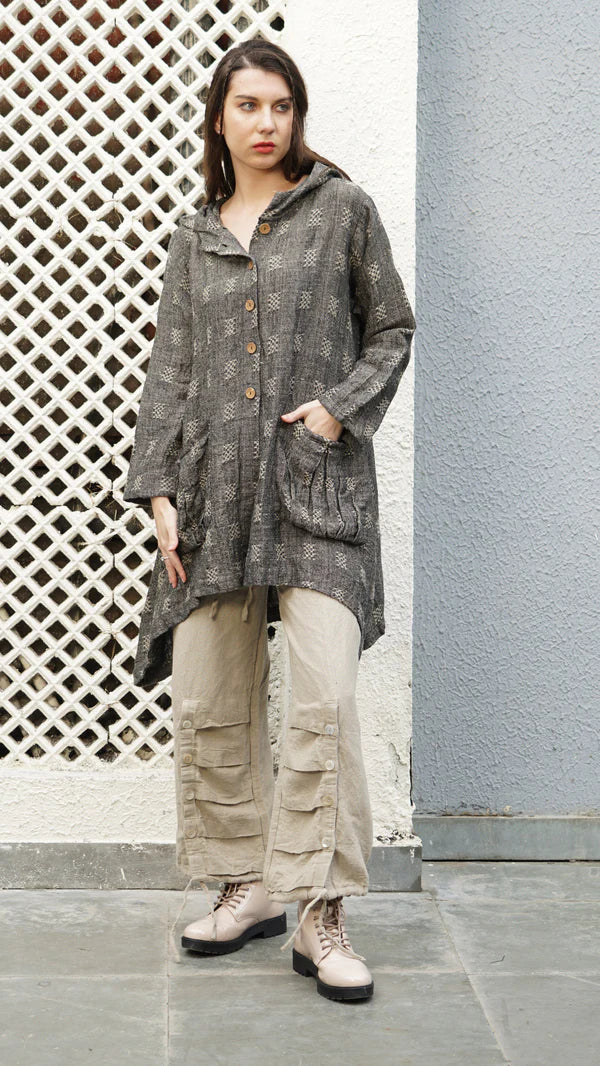 Black linen-cotton hooded jacket with button front, wood-look buttons and functional pockets