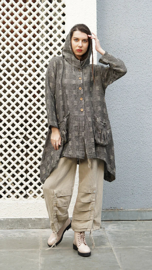 Black linen-cotton hooded jacket with button front, wood-look buttons and functional pockets