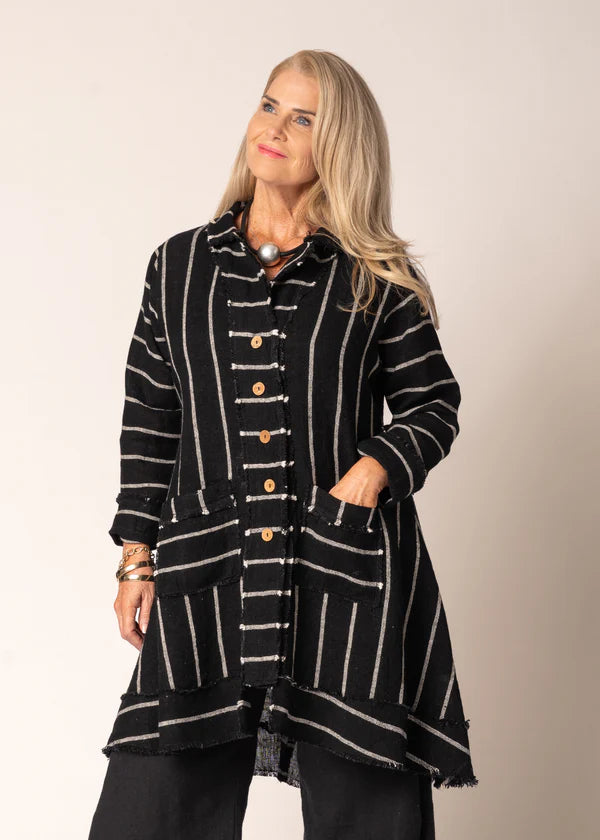Black linen-cotton jacket with subtle stripe, button front, fringed hem and cuffs, and relaxed tailored fit