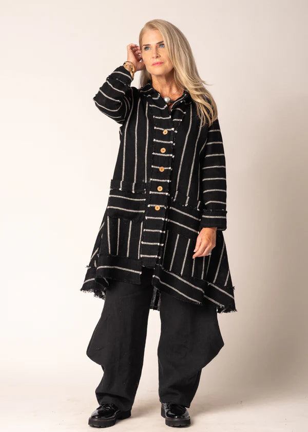 Black linen-cotton jacket with subtle stripe, button front, fringed hem and cuffs, and relaxed tailored fit