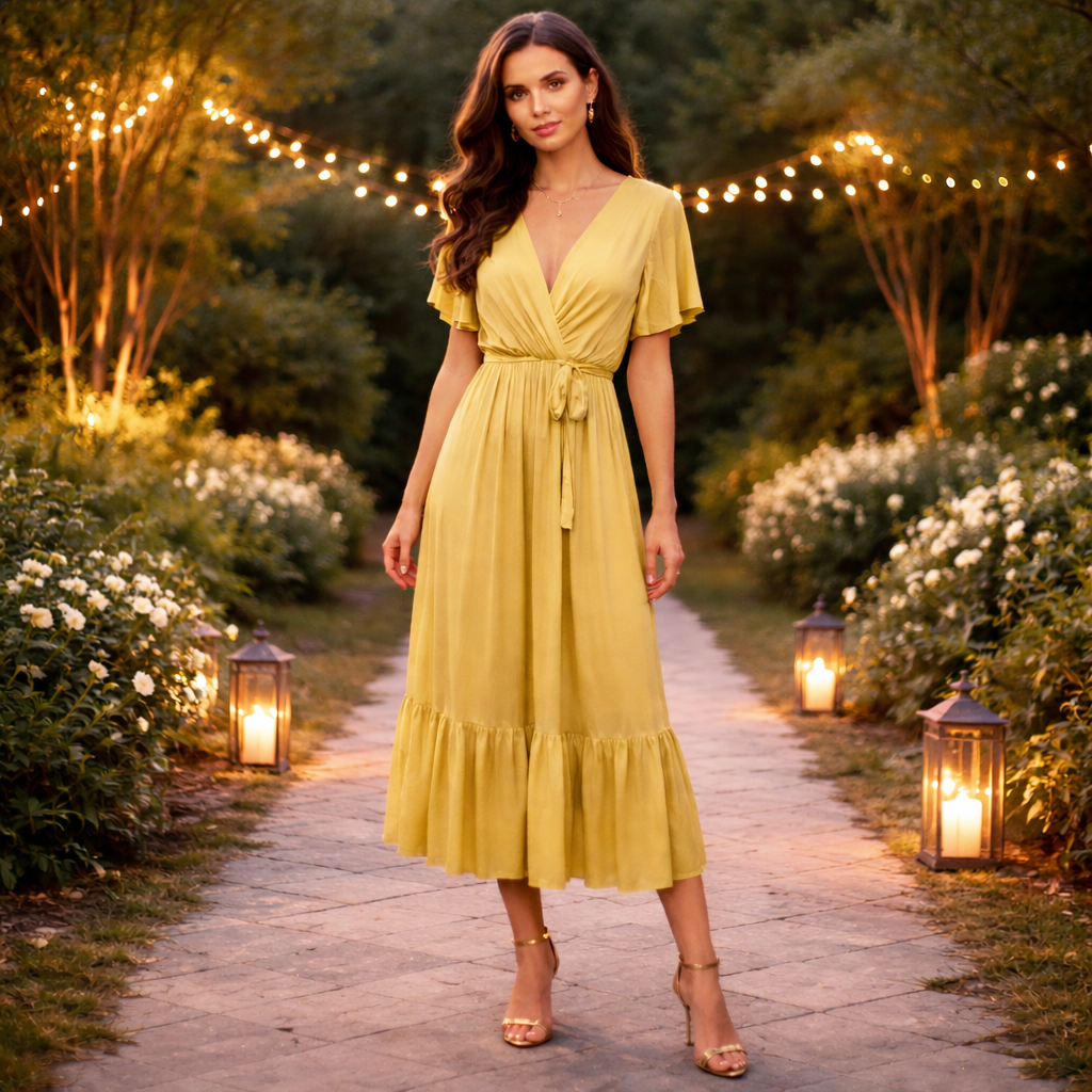 Vera May 6794 Italian silk dress in Olivastro, featuring a V neckline, tie waist, maxi-midi length and ruffle short sleeves.