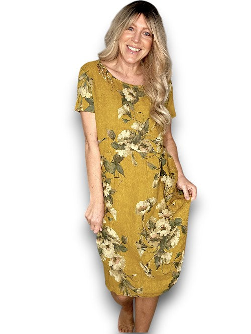 Helga May Trumpet Jungle Dress in Mustard. Gorgeous Floral in a lovely Mustard colour. Check it out at Linens & Treasures Rolleston Christchurch