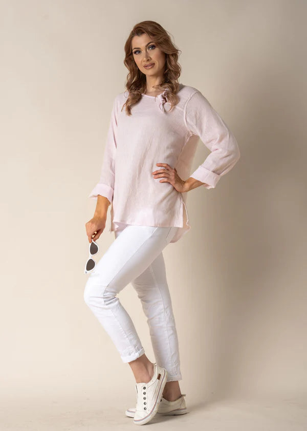 Angelina Linen Top with feature neckline tie, a lightweight and breathable essential for summer days and warm-weather travel from Linens & Treasures.