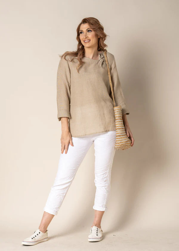 Angelina Linen Top with feature neckline tie, a lightweight and breathable essential for summer days and warm-weather travel from Linens & Treasures.