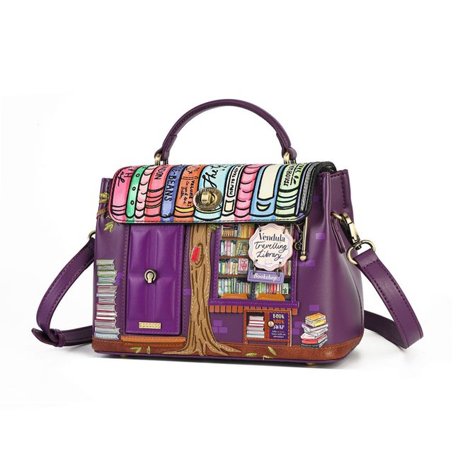 Vendula London The Travelling Library Bookshop Mini Grace Bag in printed and embossed vegan leather, featuring colourful bookshop artwork with books, reading signs and travelling library details in rich book-inspired colours. Designed with hand-stitched accents, a branded turn-lock, comfortable carry handle, detachable adjustable shoulder strap, main compartment, internal pockets and an external zipped pocket.