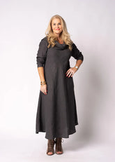 Granite: Charcoal grey linen dress with effortless drape, loose silhouette and understated elegance