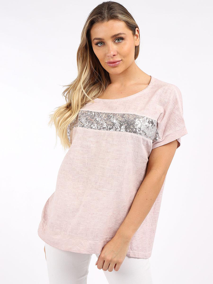 Short-sleeved linen top with sequin front, stretch-knit back, and cotton-trimmed hem by Linens & Treasures — sustainable and stylish