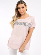 Short-sleeved linen top with sequin front, stretch-knit back, and cotton-trimmed hem by Linens & Treasures — sustainable and stylish