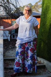 Linen Wide Leg Palazzo Pants - Tahiti Print & Navy/White Check