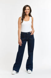 Blue denim barrel leg jeans with curved silhouette and tapered ankle