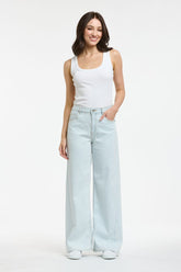 Pale blue wide leg denim jeans with high-rise waist and relaxed full-length silhouette