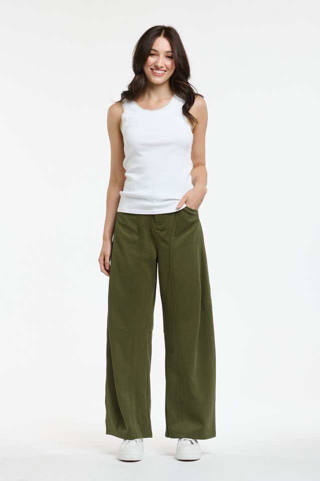 Italian Star PIMMS Pant in Khaki featuring a relaxed high-rise fit with a modern wide-leg barrel silhouette. Crafted in a stretch cotton blend, these slouchy pants feature a unique front pocket panel detail, belt loops, zip fly, and cargo-style patch pockets on the back for an effortless contemporary look.