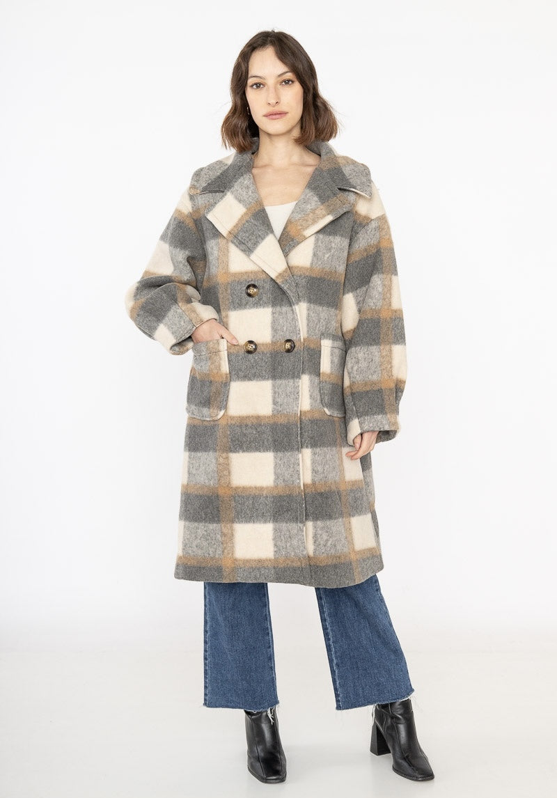 Beautiful thick warm winter wind breaker check coat with pockets in light grey brown & black by Ornello Paris Mademoiselle Agnes Manteaux fashion label displayed in-store at 18 Riverstone Drive Rolleston Selwyn NZ