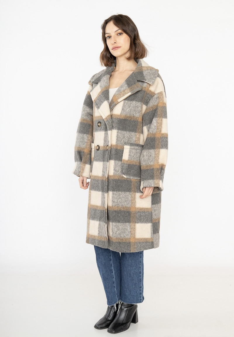 Beautiful thick warm winter wind breaker check coat in light grey brown & black by Ornello Paris Mademoiselle Agnes Manteaux fashion label displayed in-store at 18 Riverstone Drive Rolleston Selwyn NZ