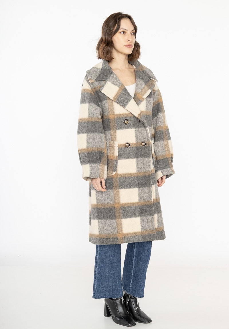 Beautiful thick warm French winter style check coat in light grey brown & black by Ornello Paris Superbelle Manteaux fashion label displayed in-store at 18 Riverstone Drive Rolleston Selwyn NZ