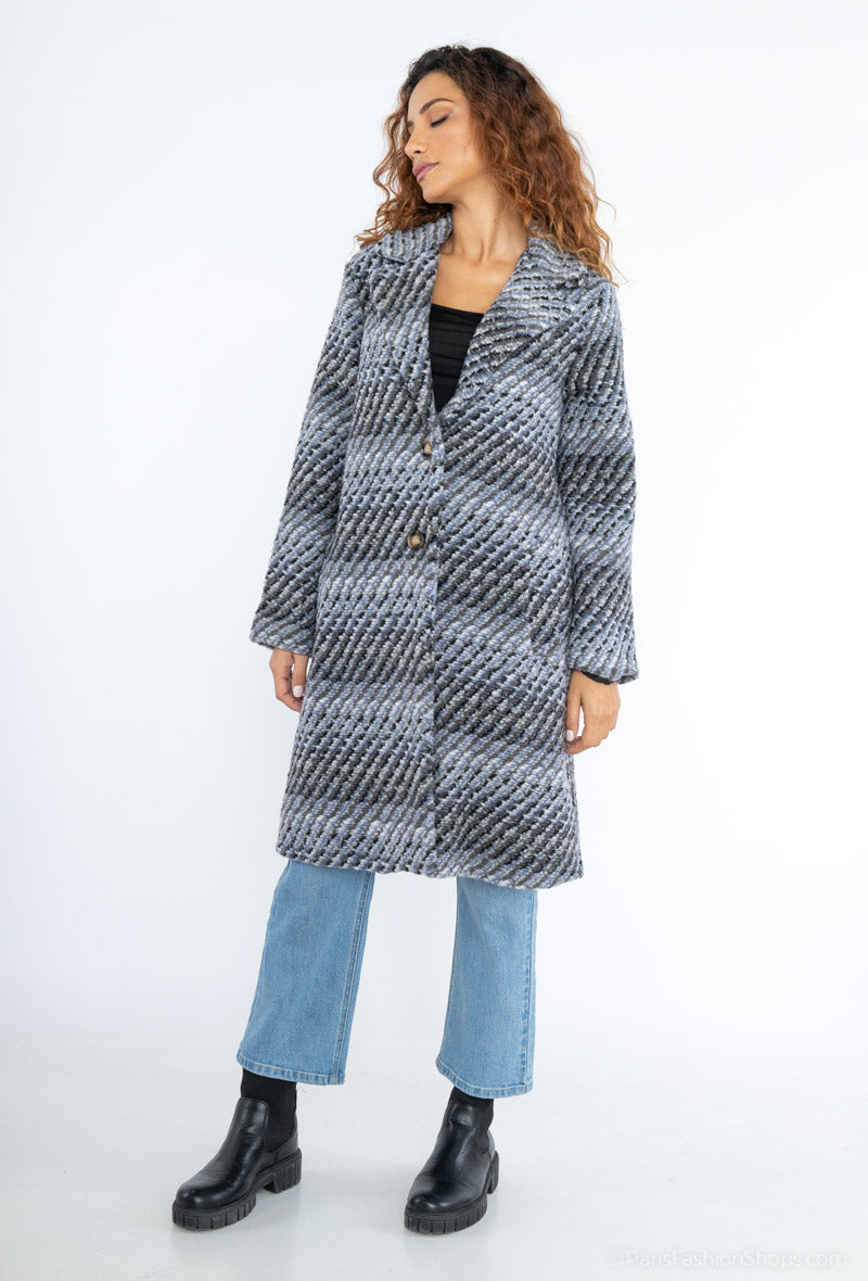 Vibrant thick warm below the knee winter coat with pockets button front in grays black & white by Ornello Paris Agnes Manteaux fashion label displayed in-store at 18 Riverstone Drive CHCH NZ