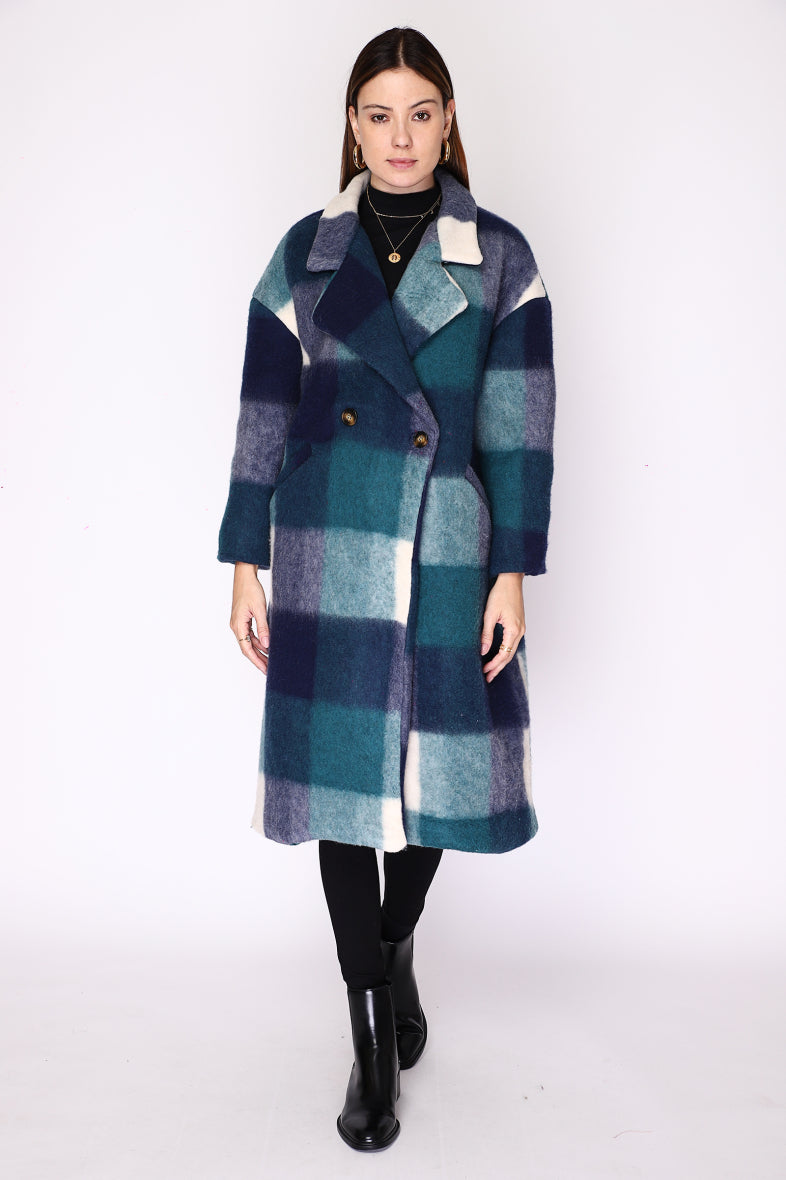 Beautiful thick warm winter check coat in blue by Ornello Paris Manteau fashion labels displayed in-store at 18 Riverstone Drive Christchurch NZ
