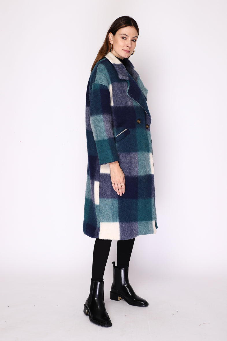 Beautiful thick warm winter check coat in blue by Ornello Paris Manteau fashion labels displayed in-store at 18 Riverstone Drive Selwyn Rolleston NZ