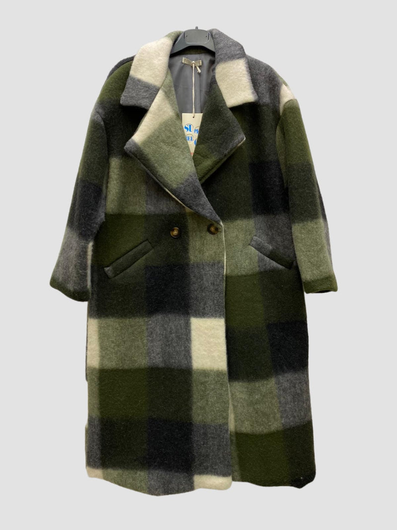 Beautiful warm winter check coat kaki Superbelle Manteau fashion labels displayed in-store at 18 Riverstone Drive Selwyn Rolleston NZ