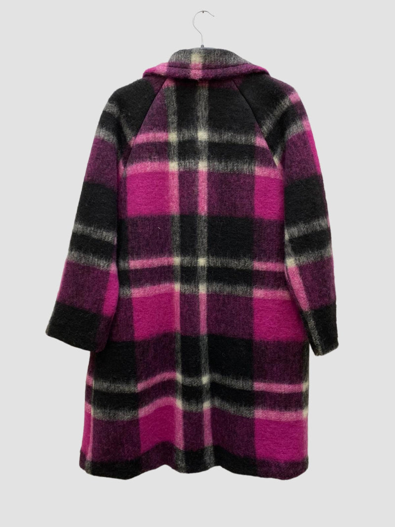 Beautiful thick warm winter wind breaker check coat with pockets in fushia pink black & white by Ornello Paris Superbelle Agnes Manteaux fashion label displayed in-store at 18 Riverstone Drive Rolleston Selwyn NZ