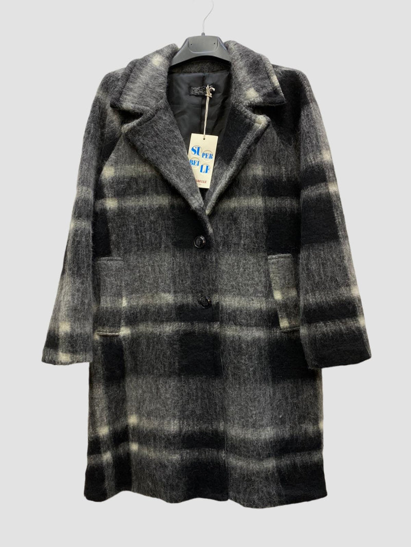 Beautiful thick warm winter wind breaker check coat with pockets in greys by Ornello Paris Superbelle Manteaux fashion label displayed in-store at 18 Riverstone Drive Rolleston Selwyn NZ