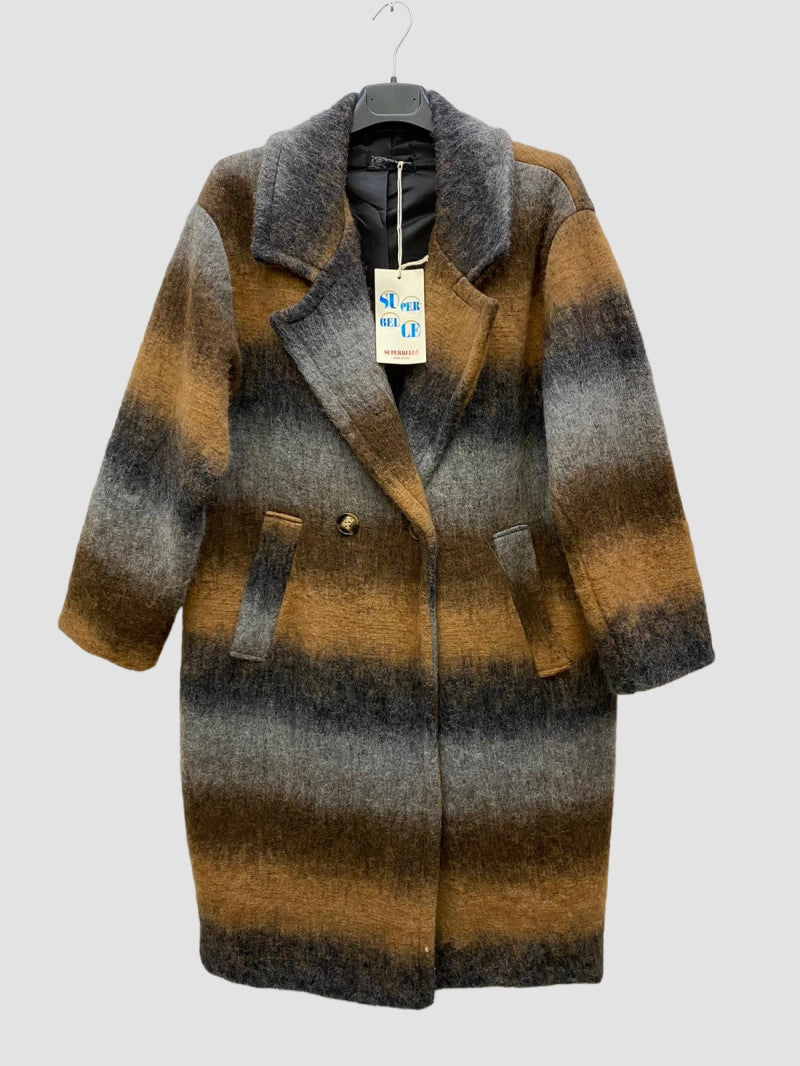 Beautiful thick warm winter check coat in grey brown & black by Ornello Paris Superbelle Manteaux fashion label displayed in-store at 18 Riverstone Drive Rolleston Selwyn NZ