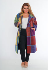 Awesome thick warm winter wind breaker check coat with pockets in blues yellow purple and green by Ornello Paris Superbelle Agnes Manteaux fashion label displayed in-store at 18 Riverstone Drive Rolleston Selwyn NZ