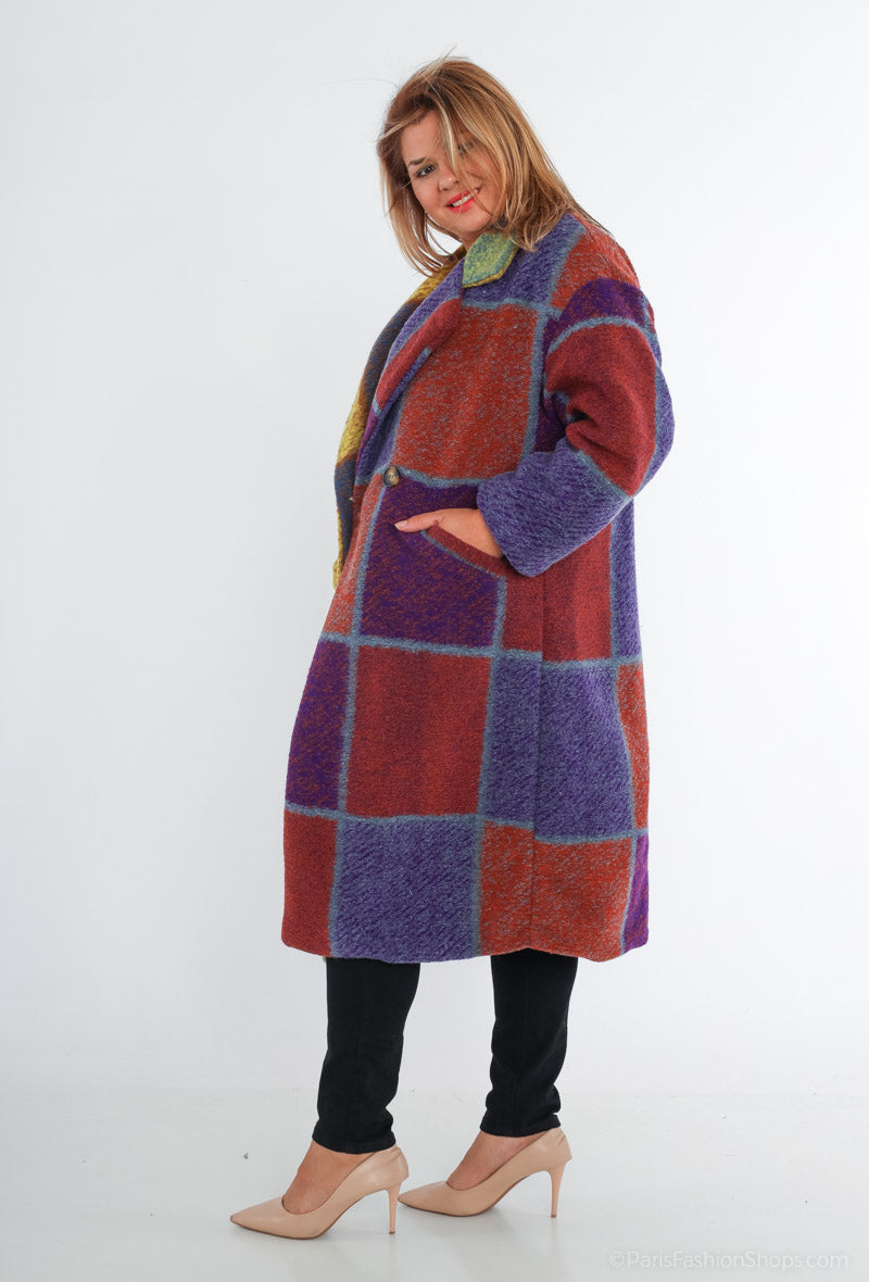 Beautiful thick warm winter wind breaker check coat with pockets in dark blue yellow mauve and green by Ornello Paris Superbelle Agnes Manteaux fashion label displayed in-store at 18 Riverstone Drive Christchurch NZ