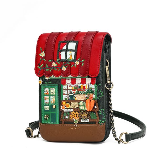 Vendula London The Farmhouse Pantry Phone Pouch in printed and embossed vegan leather, featuring charming farm-shop artwork with fresh produce colours and leafy details. Designed with hand-stitched accents, a magnetic flap fastening, secure zip closure, front slip pocket, two internal compartments, back zipped pocket and detachable flat shoulder strap.