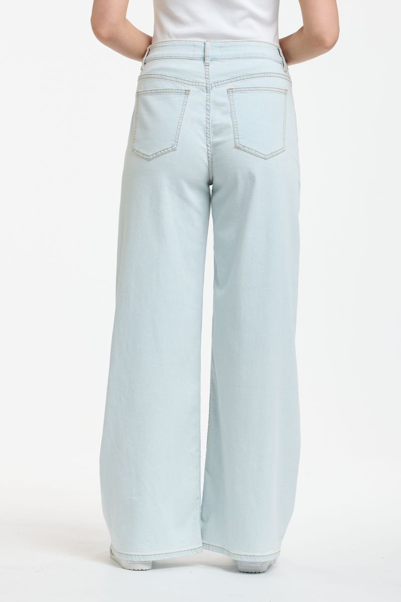 Pale blue wide leg denim jeans with high-rise waist and relaxed full-length silhouette
